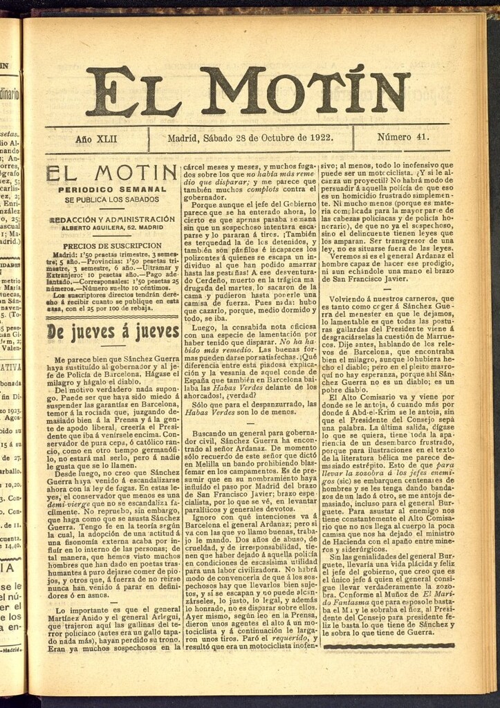 Miniatura de El Motín : periódico satírico semanal del 28 de octubre de 1922, nº 41