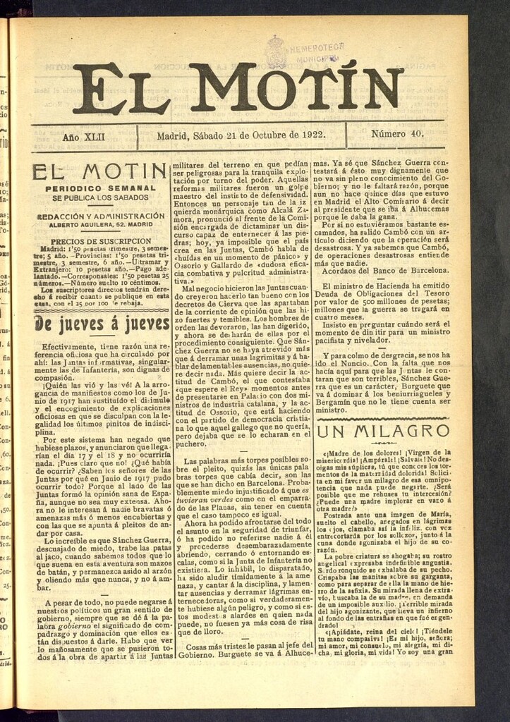 Miniatura de El Motín : periódico satírico semanal del 21 de octubre de 1922, nº 40