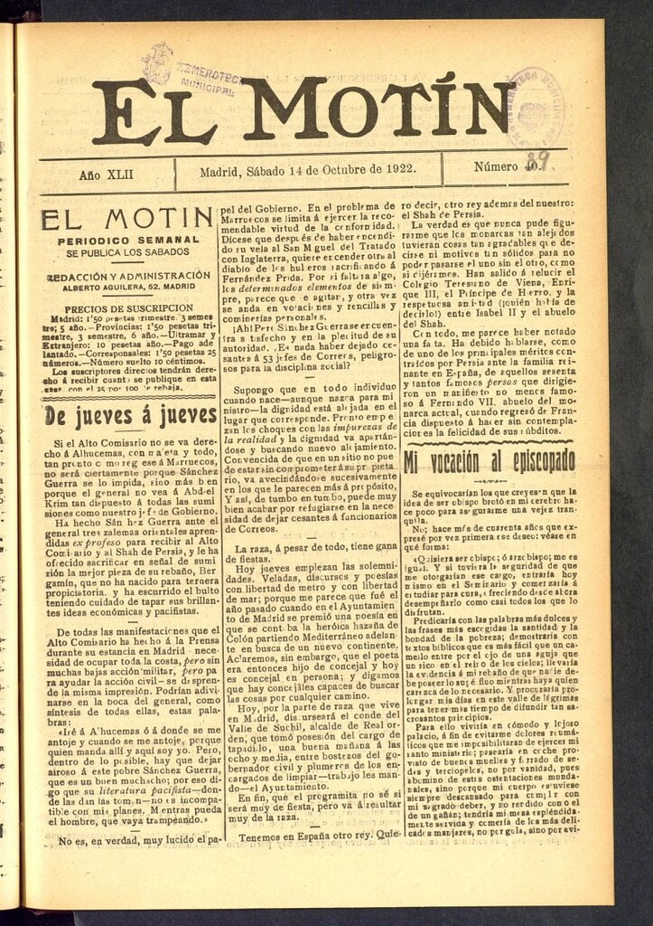 Miniatura de El Motín : periódico satírico semanal del 14 de octubre de 1922, nº 39[sic]