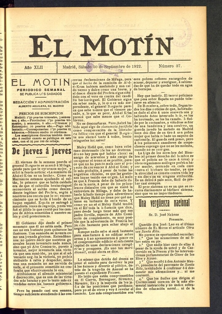 Miniatura de El Motín : periódico satírico semanal del 30 de septiembre de 1922, nº 37