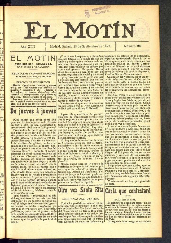 Miniatura de El Motín : periódico satírico semanal del 23 de septiembre de 1922, nº 36