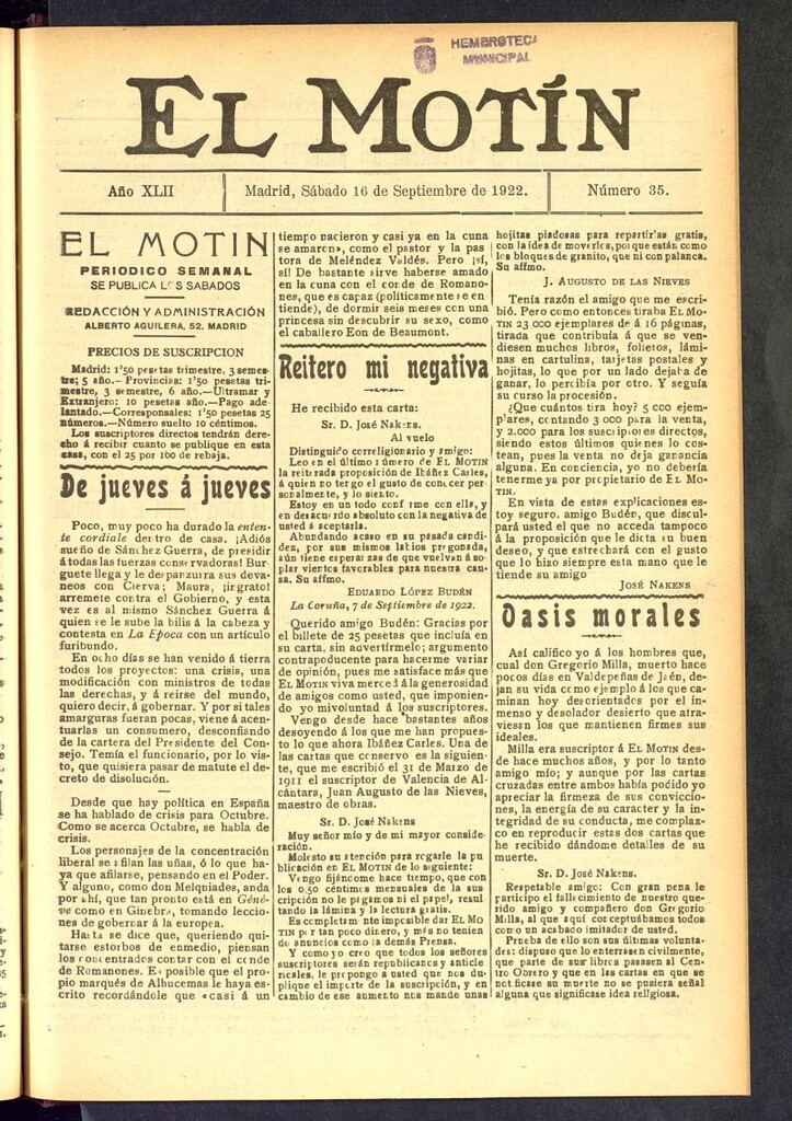 Miniatura de El Motín : periódico satírico semanal del 16 de septiembre de 1922, nº 35