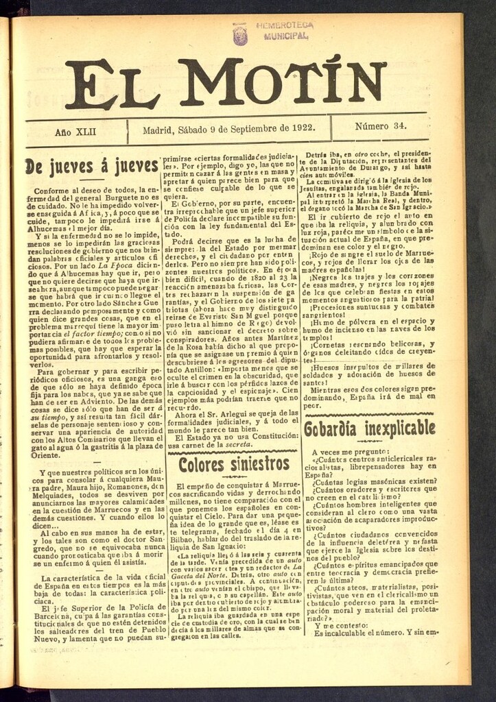 Miniatura de El Motín : periódico satírico semanal del 9 de septiembre de 1922, nº 34