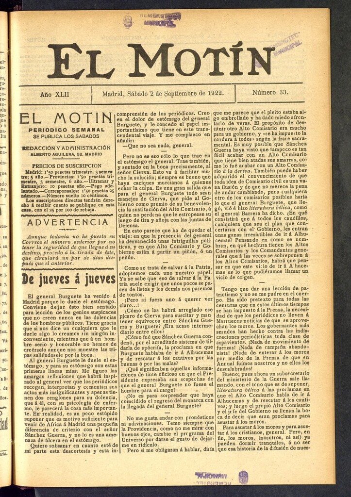 Miniatura de El Motín : periódico satírico semanal del 2 de septiembre de 1922, nº 33