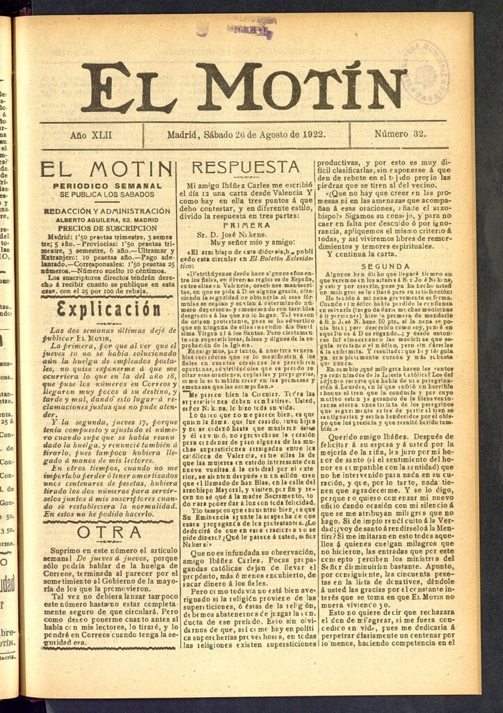 Miniatura de El Motín : periódico satírico semanal del 26 de agosto de 1922, nº 32