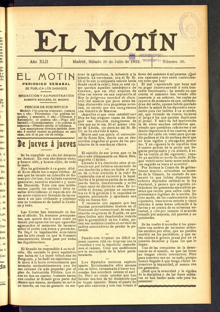 Miniatura de El Motín : periódico satírico semanal del 29 de julio de 1922, nº 30