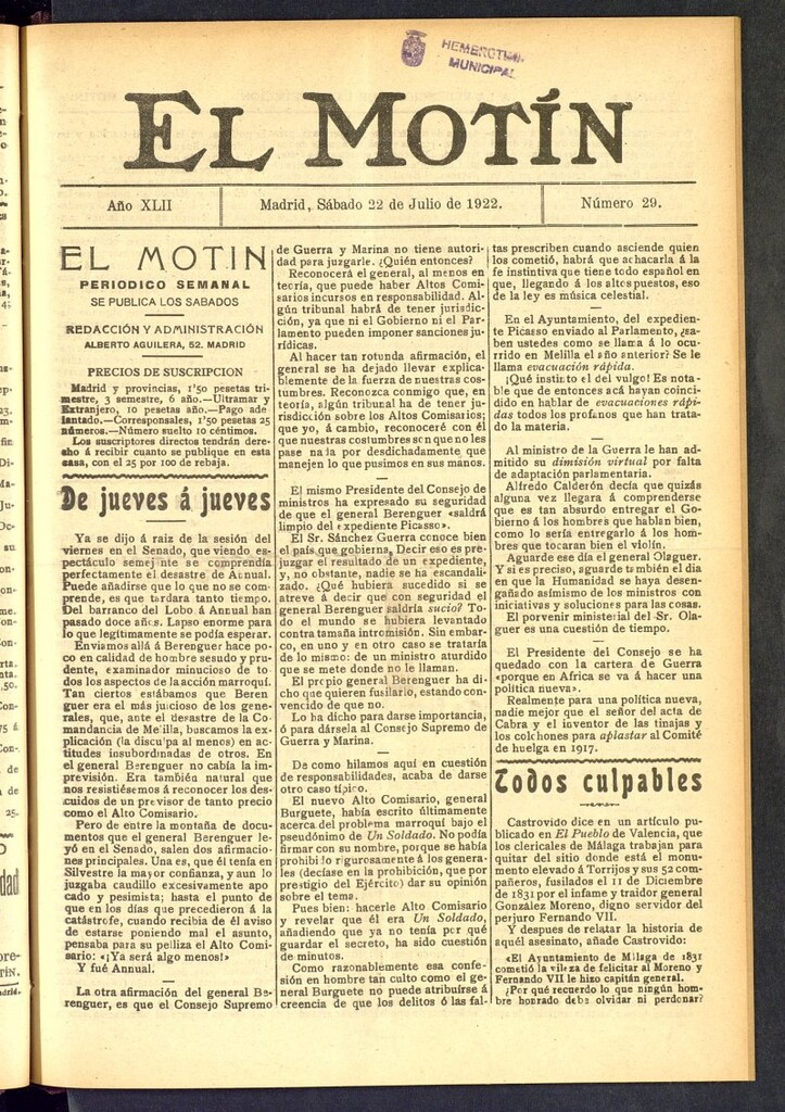 Miniatura de El Motín : periódico satírico semanal del 22 de julio de 1922, nº 29