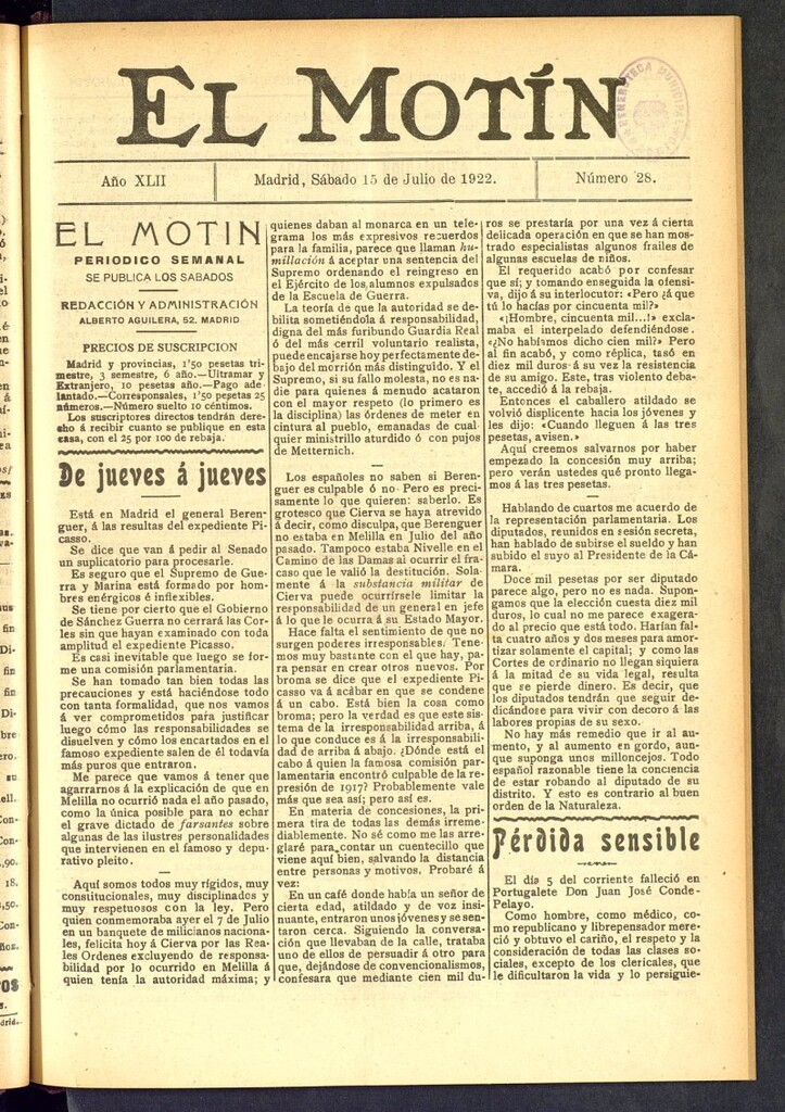 Miniatura de El Motín : periódico satírico semanal del 15 de julio de 1922, nº 28
