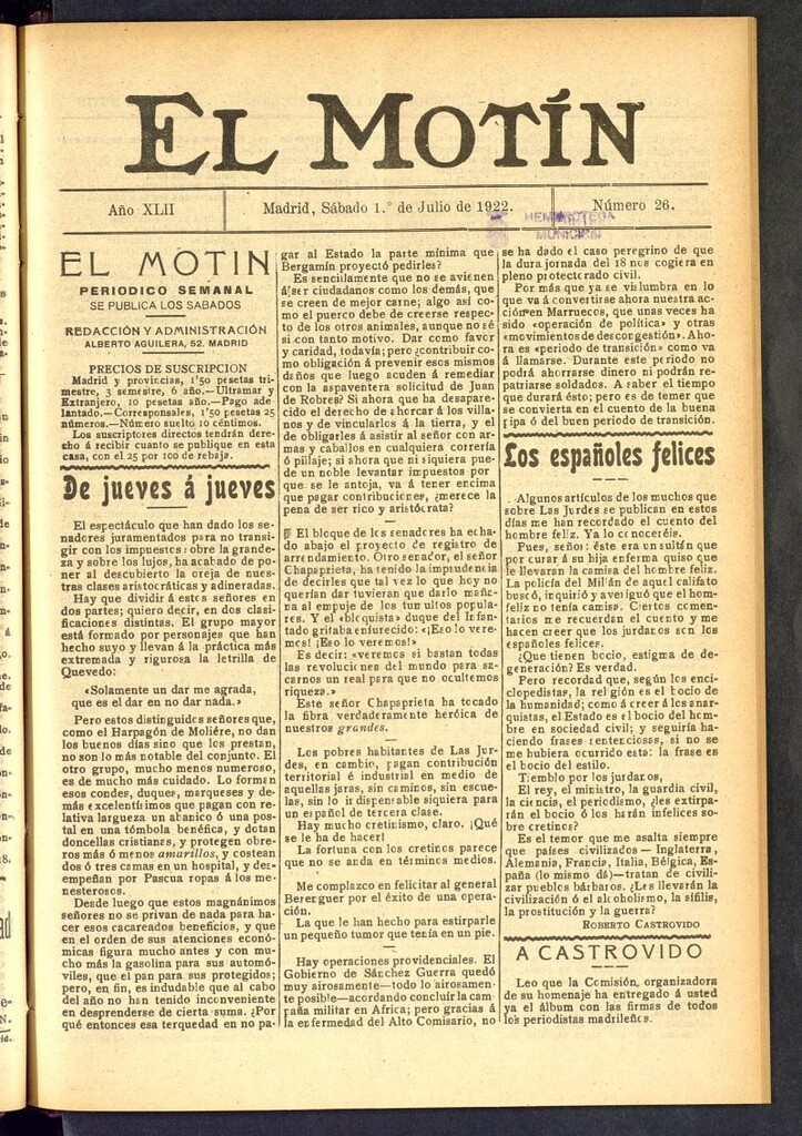 Miniatura de El Motín : periódico satírico semanal del 1 de julio de 1922, nº 26