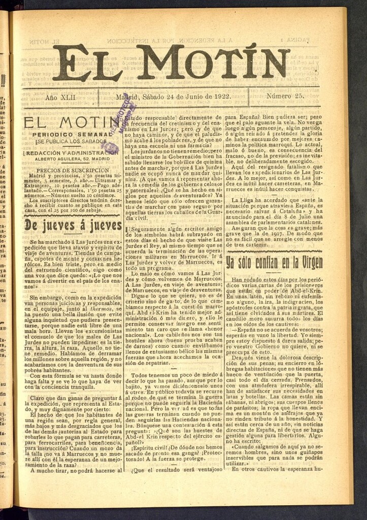 Miniatura de El Motín : periódico satírico semanal del 24 de junio de 1922, nº 25