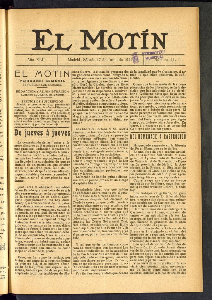 Miniatura de El Motín : periódico satírico semanal del 17 de junio de 1922, nº 24