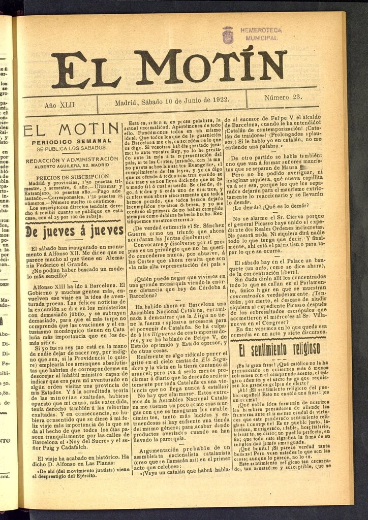 Miniatura de El Motín : periódico satírico semanal del 10 de junio de 1922, nº 23