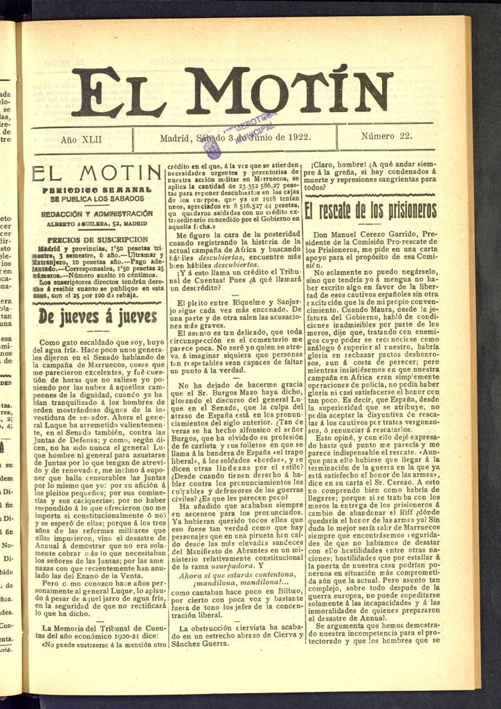 Miniatura de El Motín : periódico satírico semanal del 3 de junio de 1922, nº 22