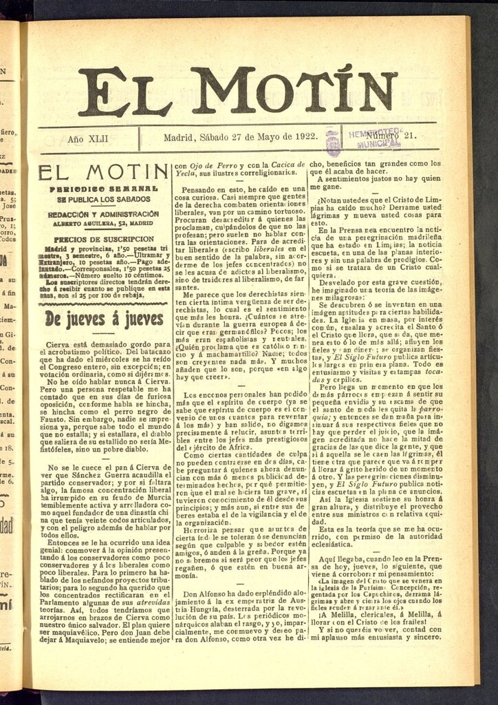 Miniatura de El Motín : periódico satírico semanal del 27 de mayo de 1922, nº 21