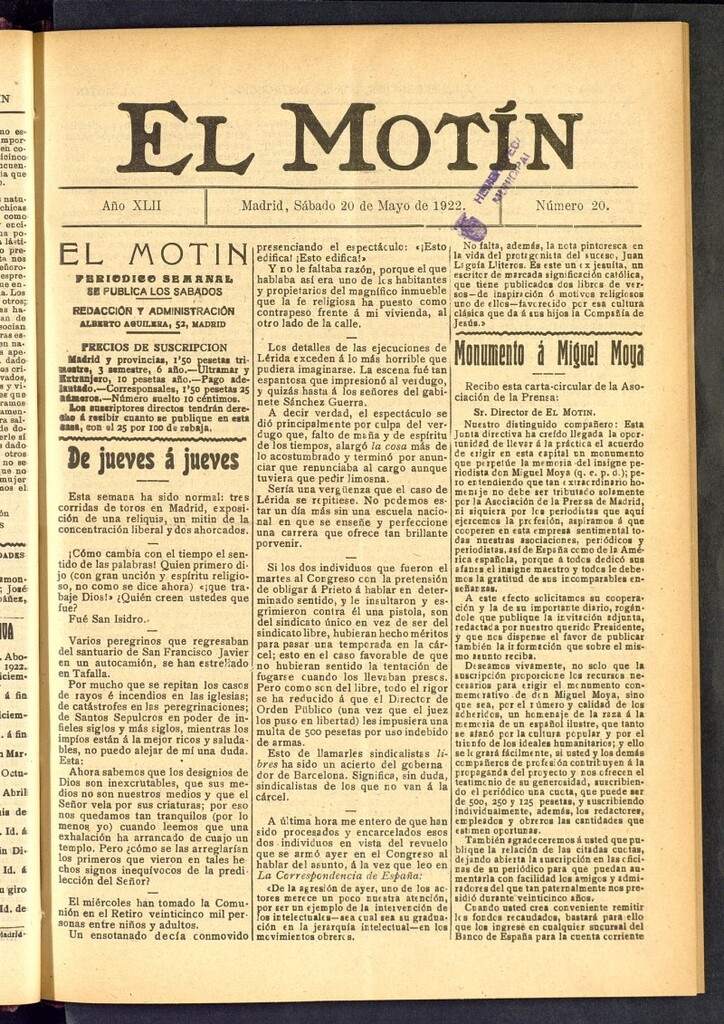 Miniatura de El Motín : periódico satírico semanal del 20 de mayo de 1922, nº 20