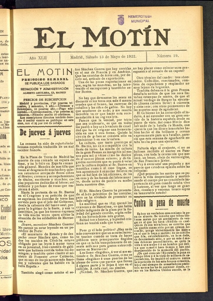 Miniatura de El Motín : periódico satírico semanal del 13 de mayo de 1922, nº 19
