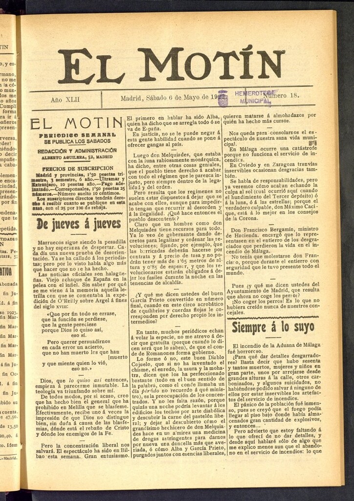 Miniatura de El Motín : periódico satírico semanal del 6 de mayo de 1922, nº 18