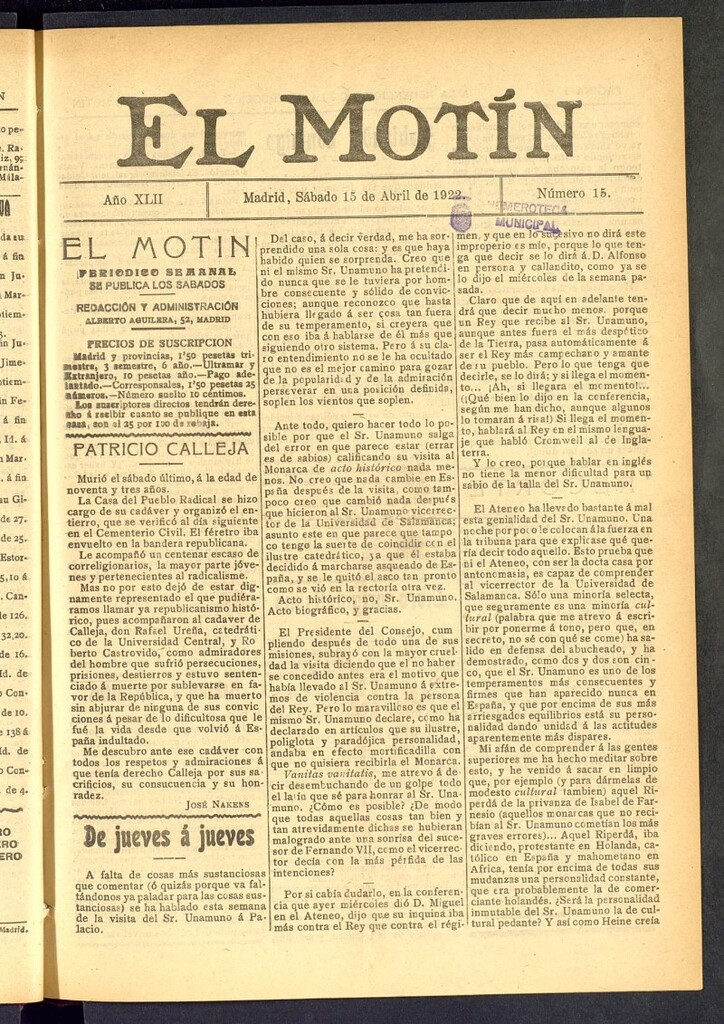 Miniatura de El Motín : periódico satírico semanal del 15 de abril de 1922, nº 15