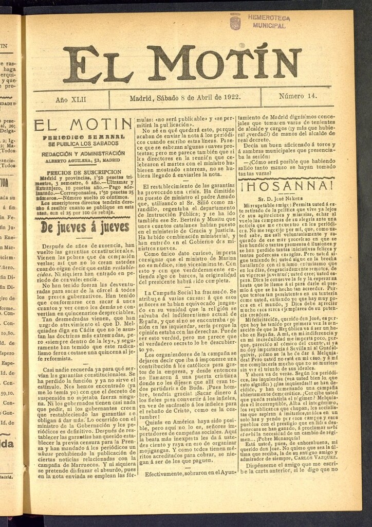 Miniatura de El Motín : periódico satírico semana del 8 de abril de 1922, nº 14