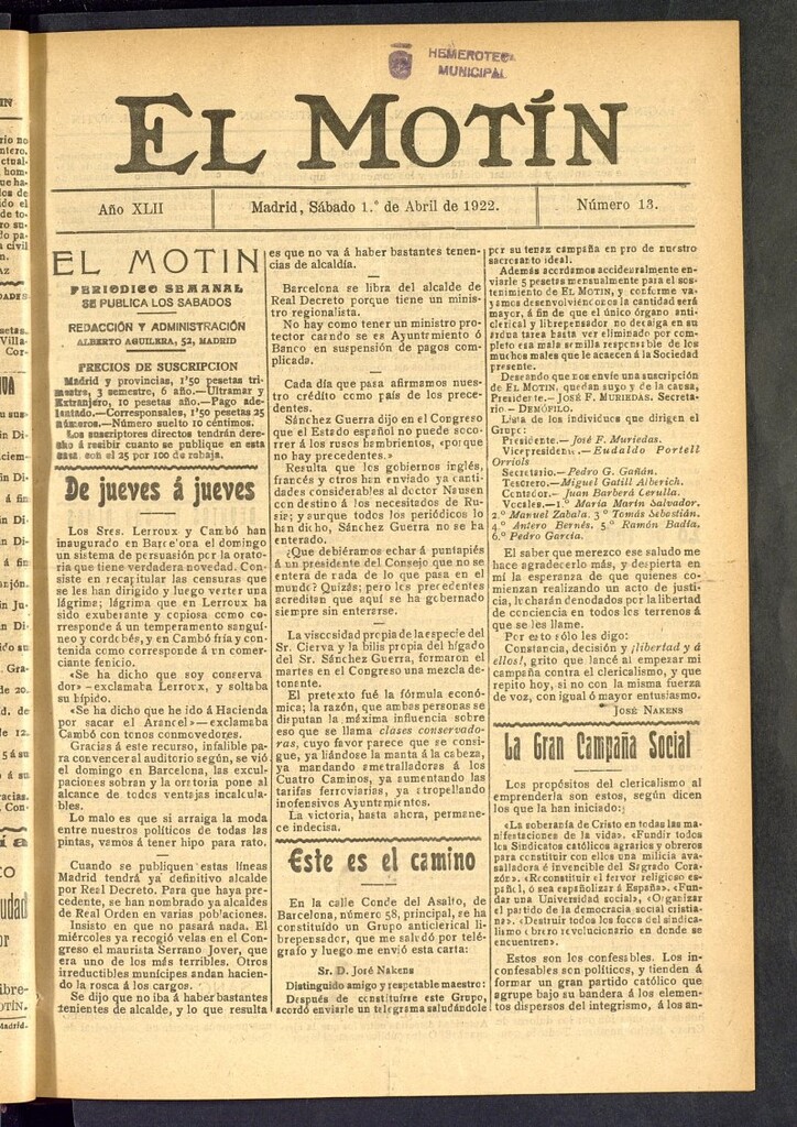 Miniatura de El Motín : periódico satírico semanal del 1 de abril de 1922, nº 13