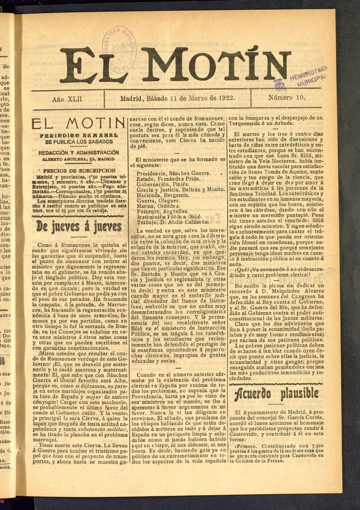 Miniatura de El Motín : periódico satírico semanal del 11 de marzo de 1922, nº 10