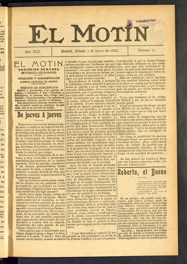Miniatura de El Motín : periódico satírico semanal del 4 de marzo de 1922, nº 9