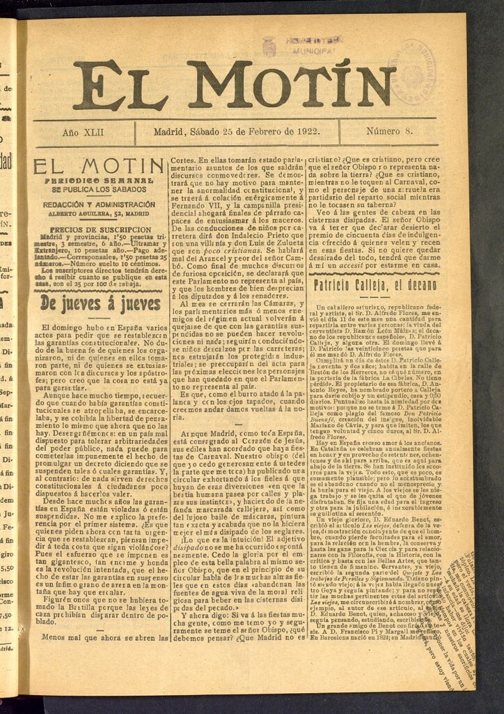 Miniatura de El Motín : periódico satírico semanal del 25 de febrero de 1922, nº 8