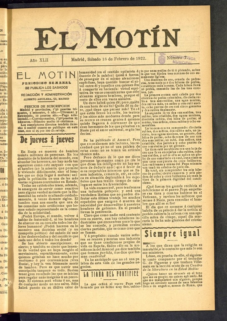 Miniatura de El Motín : periódico satírico semanal del 18 de febrero de 1922, nº 7