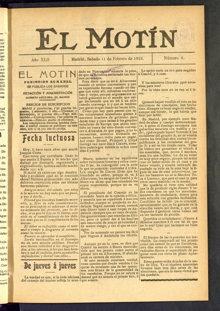 Miniatura de El Motín : periódico satírico semanal del 11 de febrero de 1922, nº 6