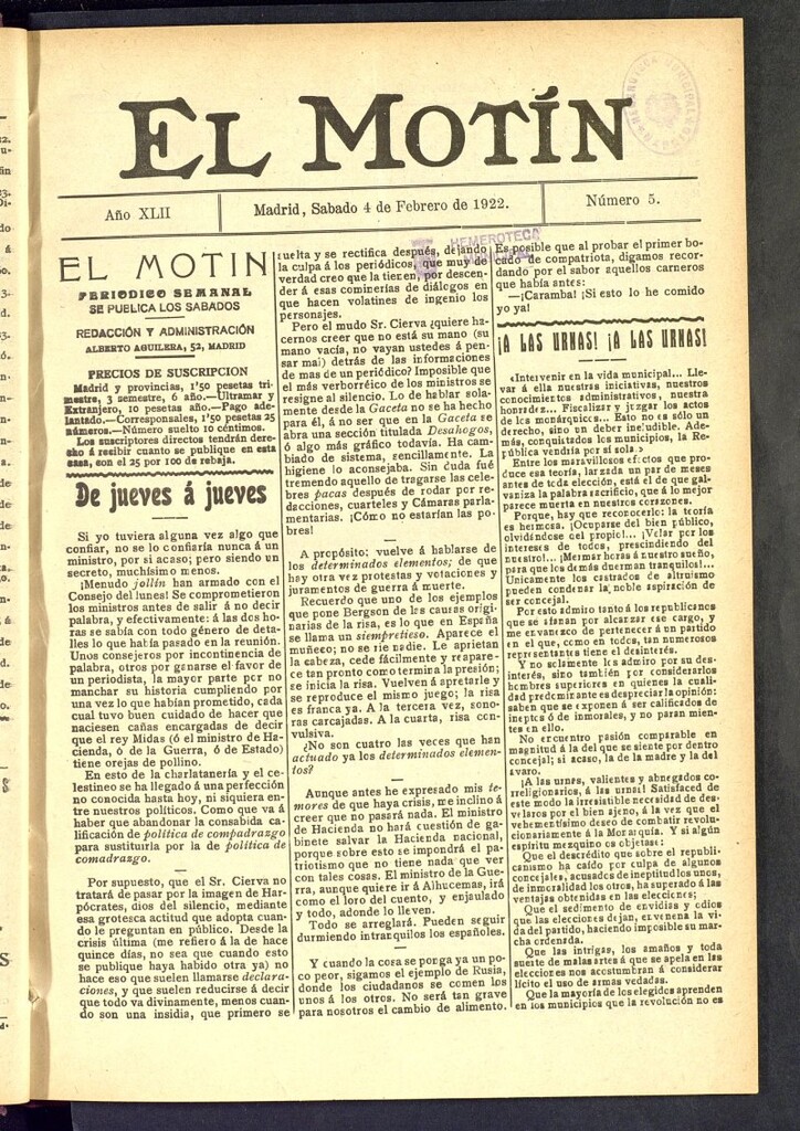 Miniatura de El Motín : periódico satírico semanal del 4 de febrero de 1922, nº 5