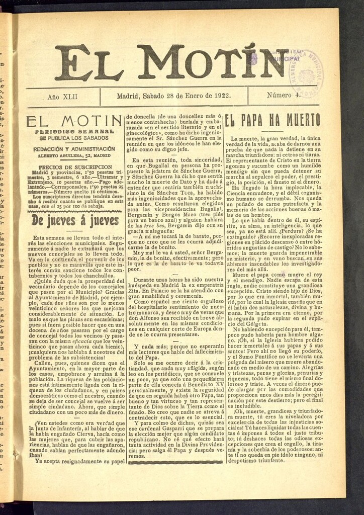 Miniatura de El Motín : periódico satírico semanal del 28 de enero de 1922, nº 4
