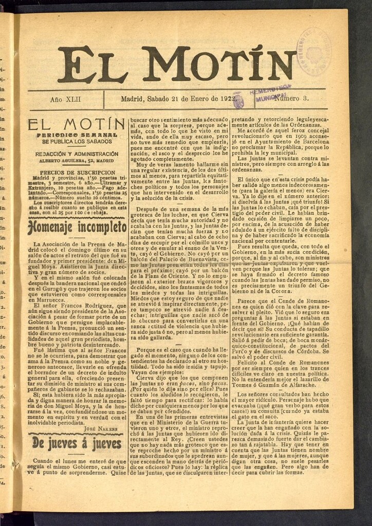 Miniatura de El Motín : periódico satírico semanal del 21 de enero de 1922, nº 3