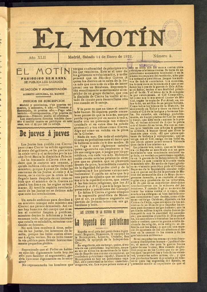 Miniatura de El Motín : periódico satírico semanal del 14 de enero de 1922, nº 2