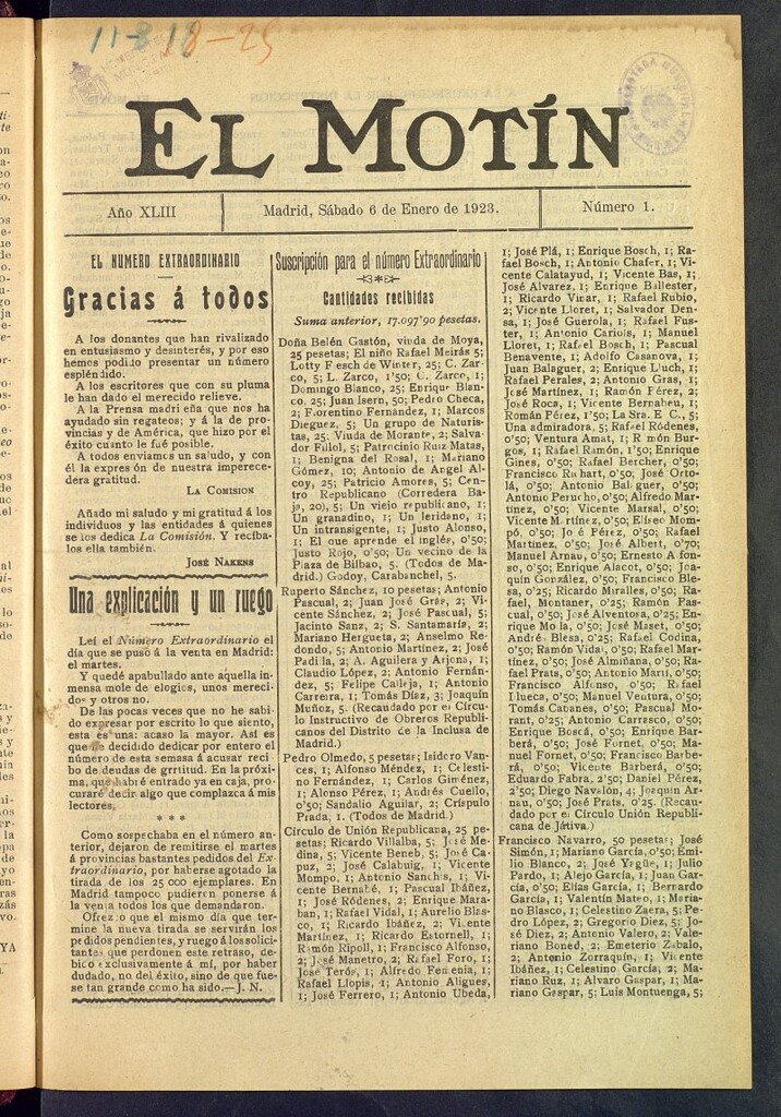 Miniatura de El Motín : periódico satírico semanal del 6 de enero de 1923, nº 1