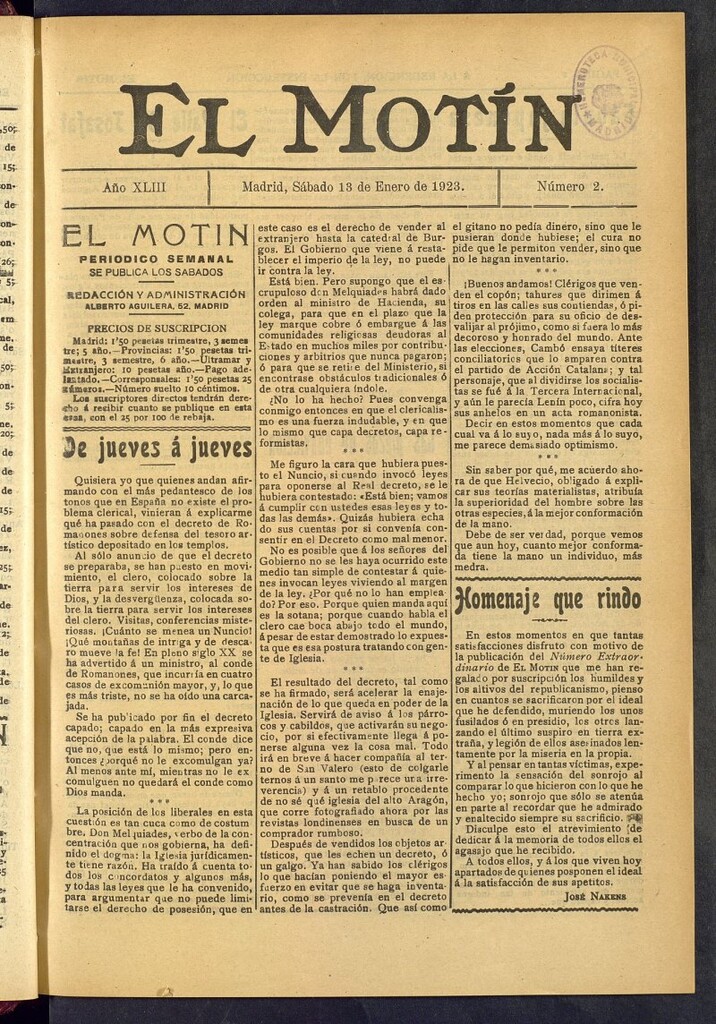 Miniatura de El Motín : periódico satírico semanal del 13 de enero de 1923, nº 2