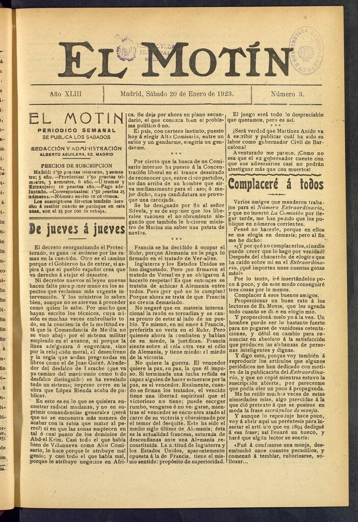 Miniatura de El Motín : periódico satírico semanal del 20 de enero de 1923, nº 3