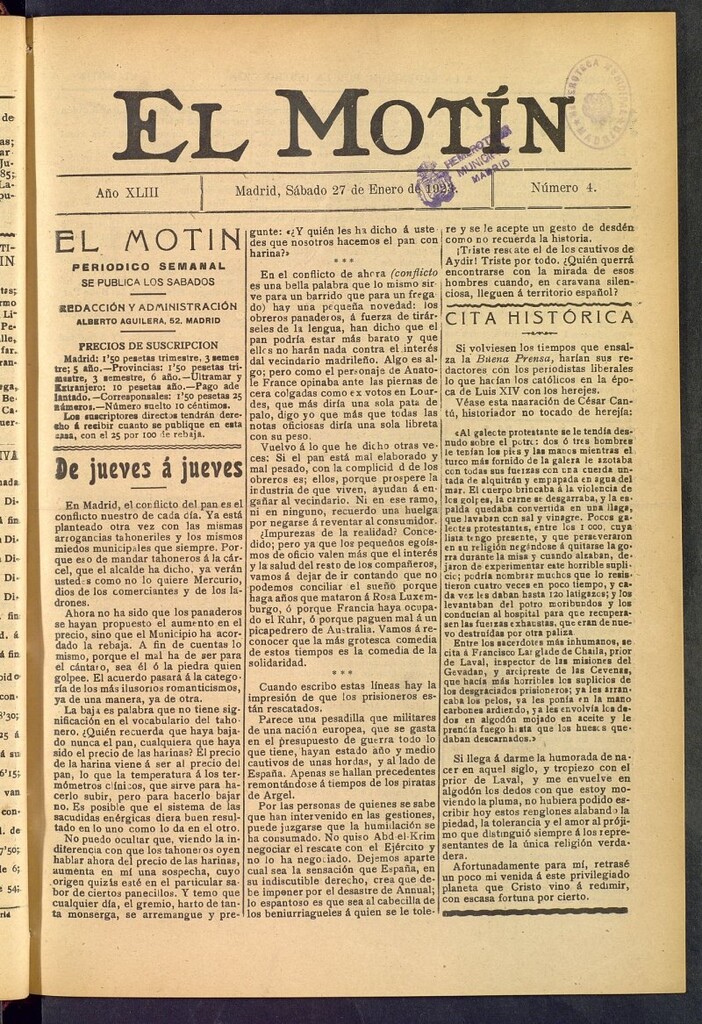 Miniatura de El Motín : periódico satírico semanal del 27 de enero de 1923, nº 4