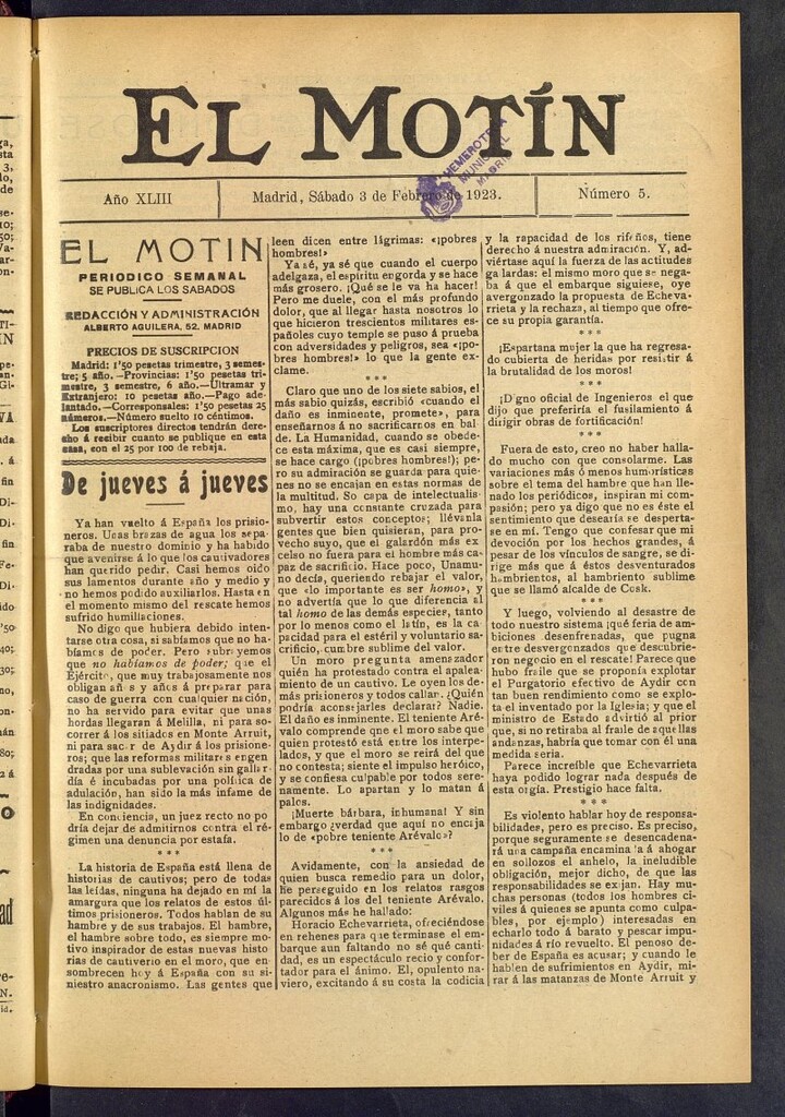 Miniatura de El Motín : periódico satírico semanal del 3 de febrero de 1923, nº 5