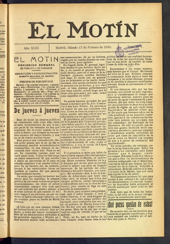Miniatura de El Motín : periódico satírico semanal del 17 de febrero de 1923, nº 7