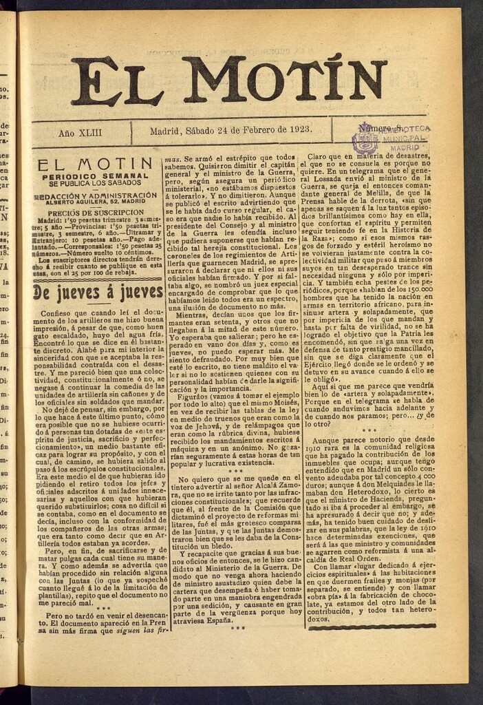Miniatura de El Motín : periódico satírico semanal del 24 de febrero de 1923, nº 8