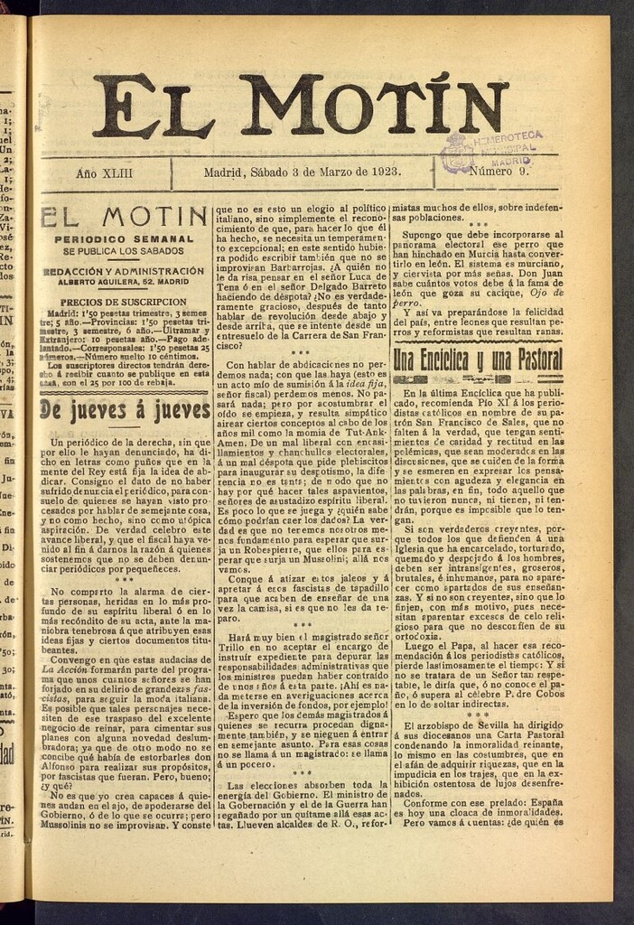 Miniatura de El Motín : periódico satírico semanal del 3 de marzo de 1923, nº 9