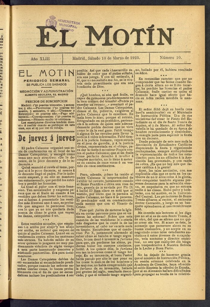 Miniatura de El Motín : periódico satírico semanal del 10 de marzo de 1923, nº 10