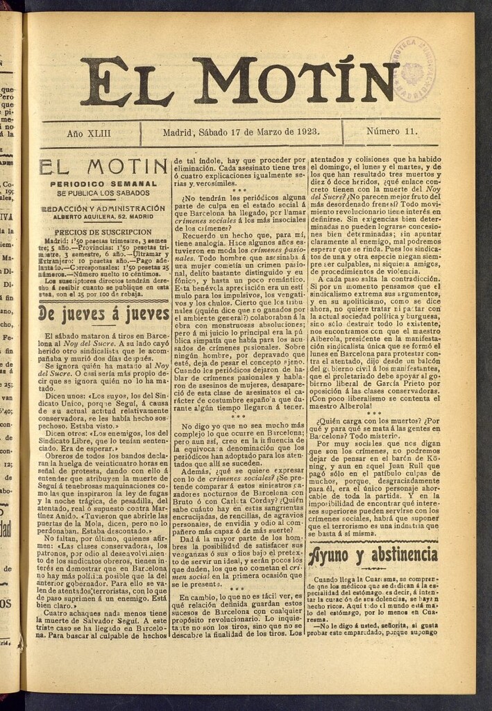 Miniatura de El Motín : periódico satírico semanal del 17 de marzo de 1923, nº 11