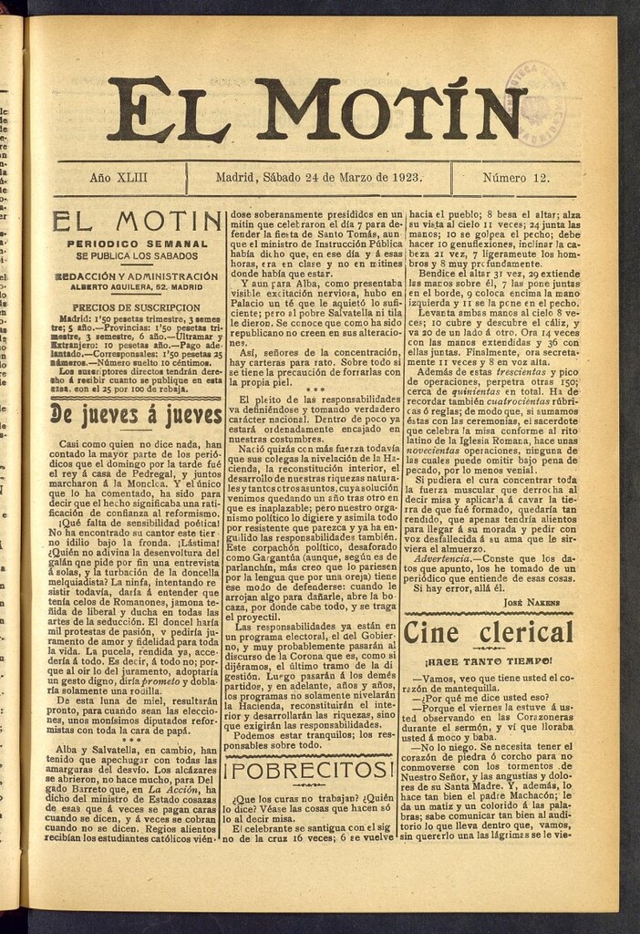 Miniatura de El Motín : periódico satírico semanal del 24 de marzo de 1923, nº 12