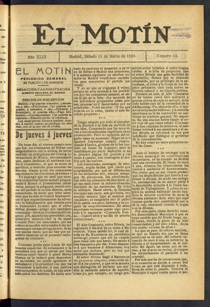 Miniatura de El Motín : periódico satírico semanal del 31 de marzo de 1923, nº 13