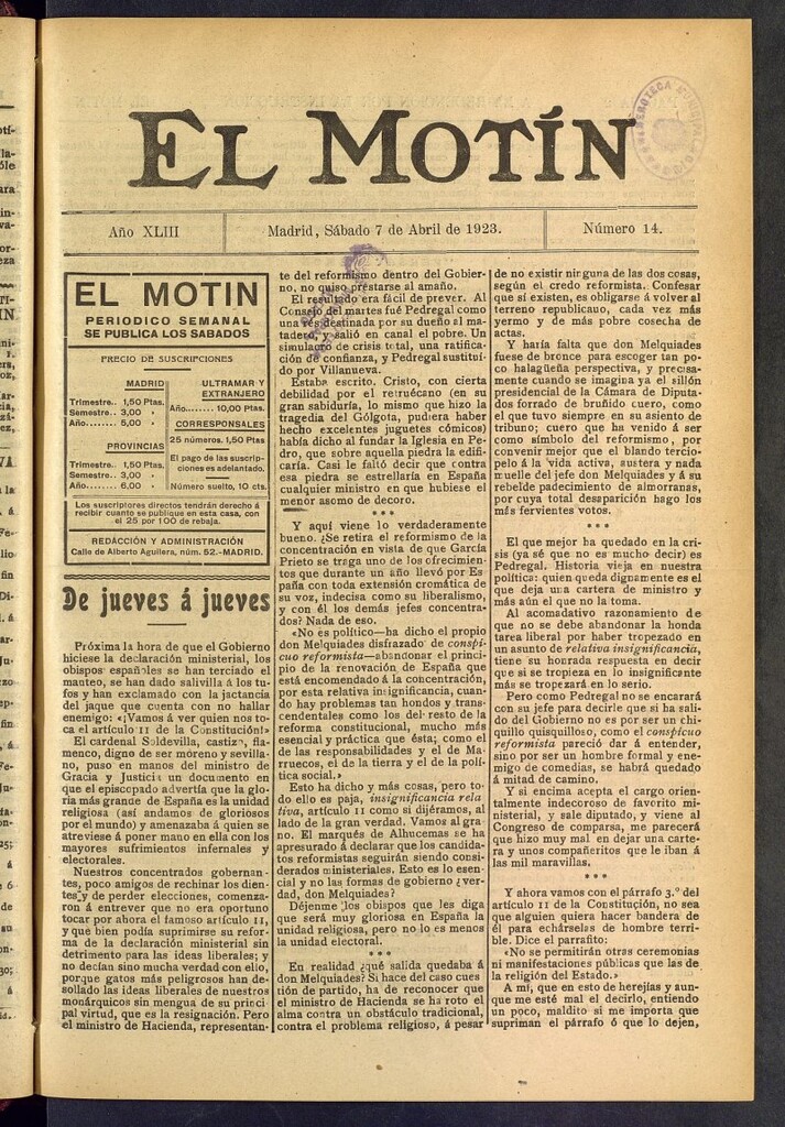 Miniatura de El Motín : periódico satírico semanal del 7 de abril de 1923, nº 14