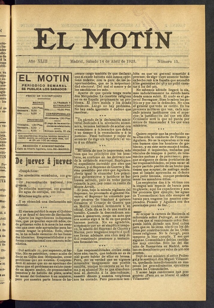 Miniatura de El Motín : periódico satírico semanal del 14 de abril de 1923, nº 15