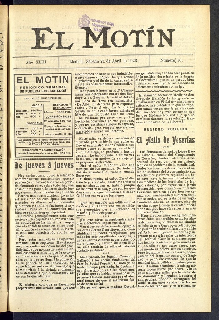 Miniatura de El Motín : periódico satírico semanal del 21 de abril de 1923, nº 16