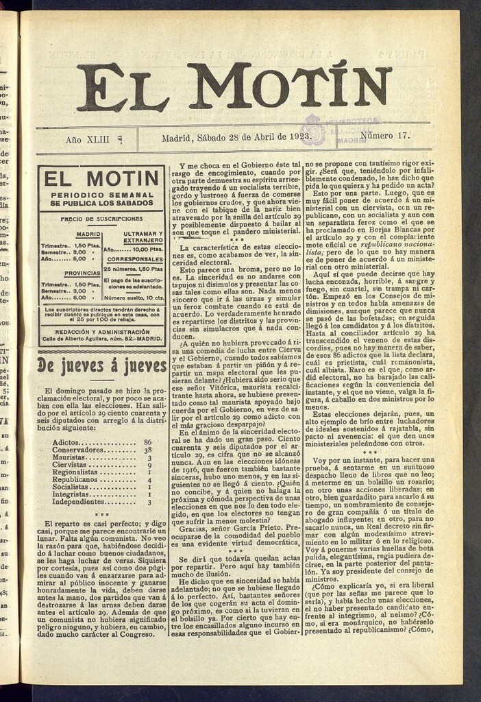 Miniatura de El Motín : periódico satírico semanal del 28 de abril de 1923, nº 17