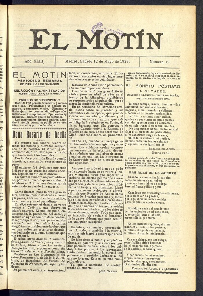 Miniatura de El Motín : periódico satírico semanal del 12 de mayo de 1923, nº 19